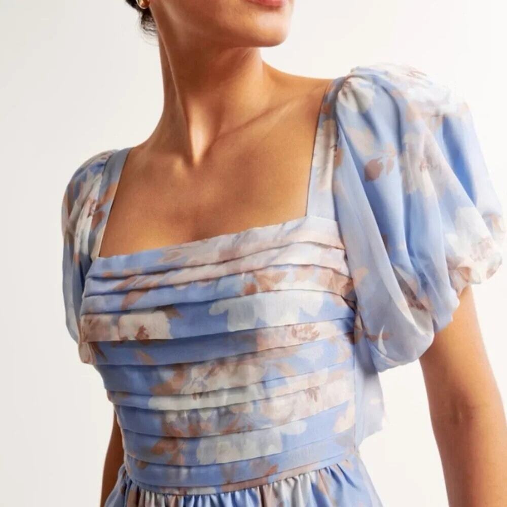 Abercrombie Emerson Drama Bow Back Floral Organza Maxi Dress Blue Large - Picture 5 of 11